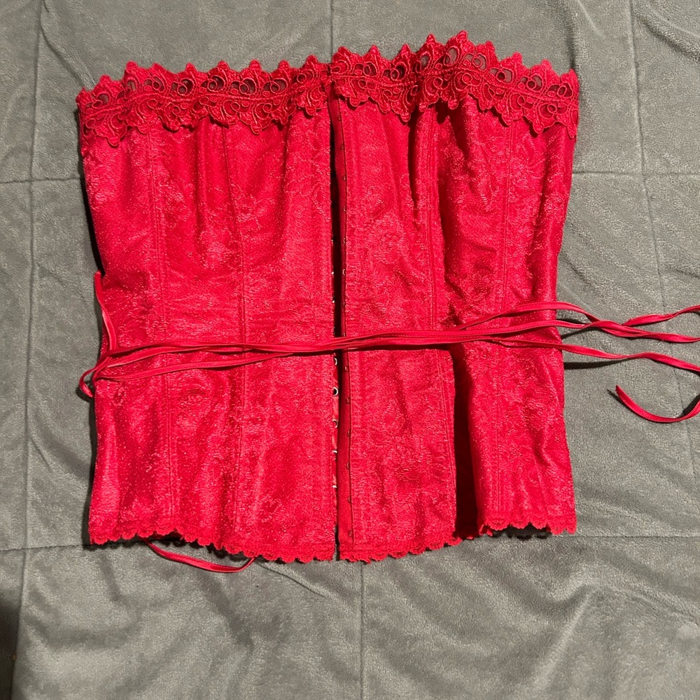 Y2K red jacquard print FOH lace up corset with detailed lace trim